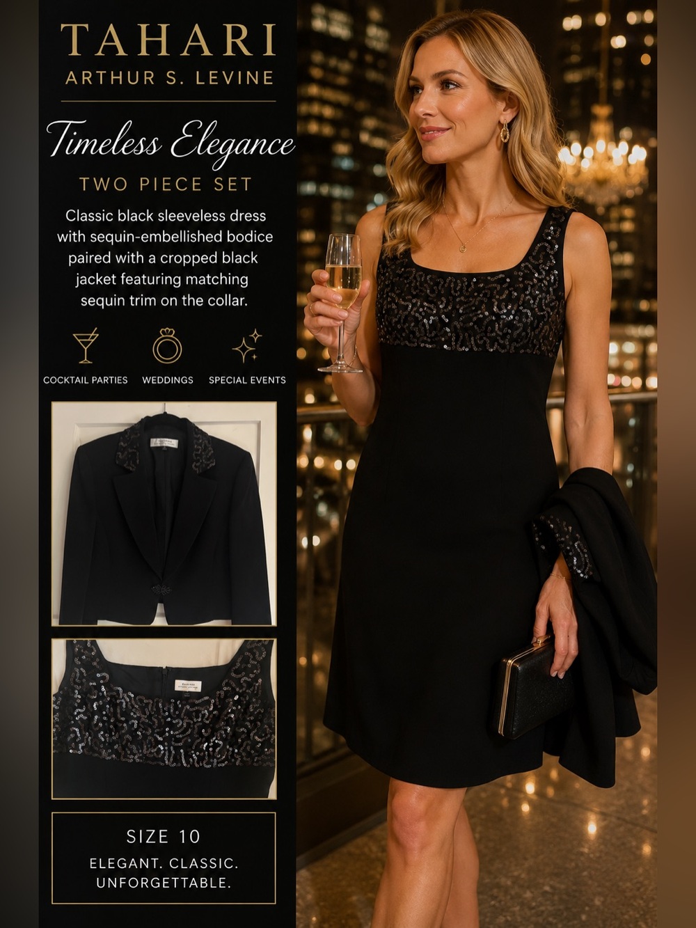 Tahari Arthur S. Levine Black Sequin-Trim Tank Dress with Matching Jacket Sz 10